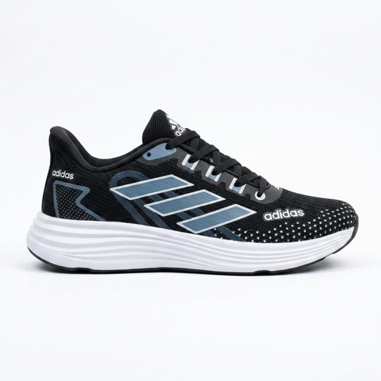 Black and white athletic shoe with three stripes on a white background